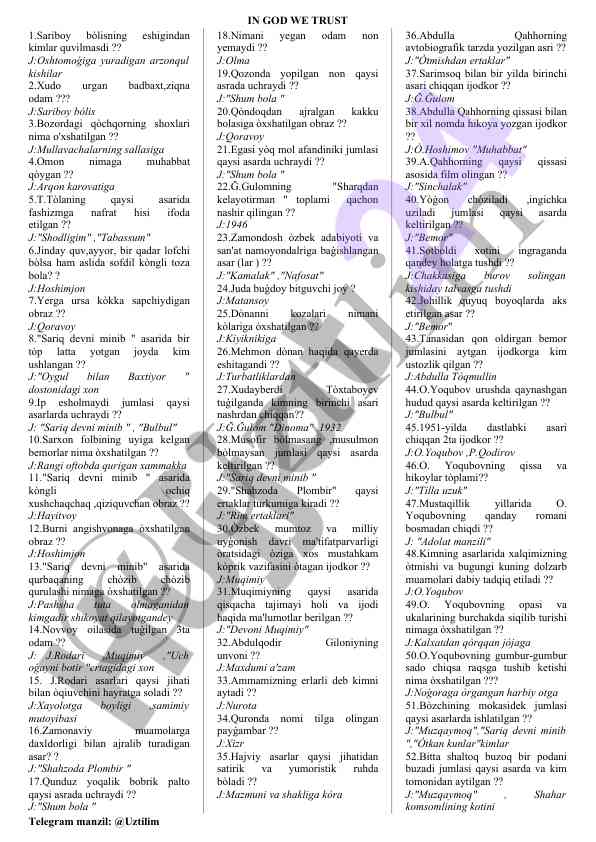 Literary analysis questions on uzbek literature
