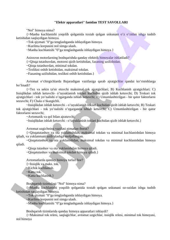 Elektr apparatalari fanidan test savollari