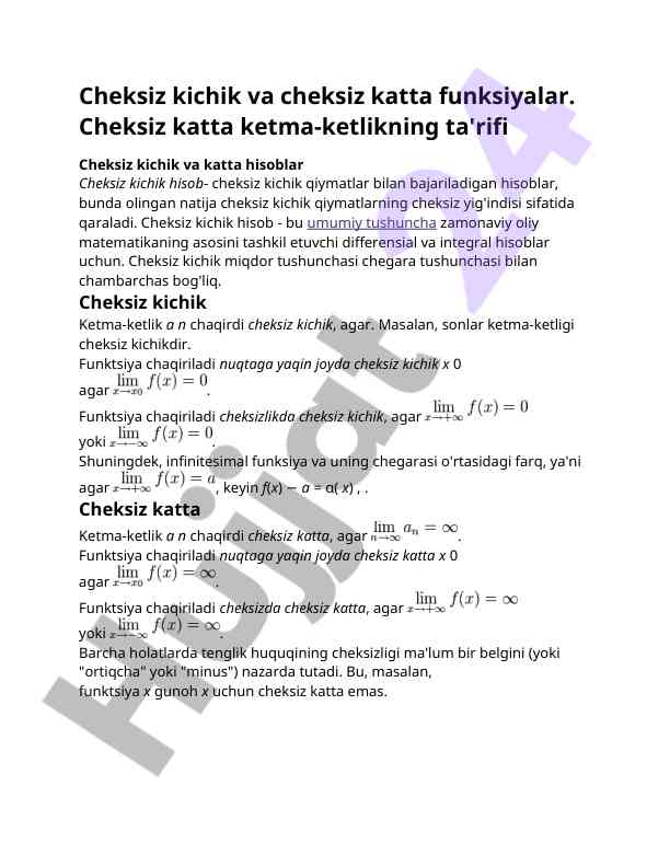 Cheksiz Kichik Va Cheksiz Katta Funksiyalar