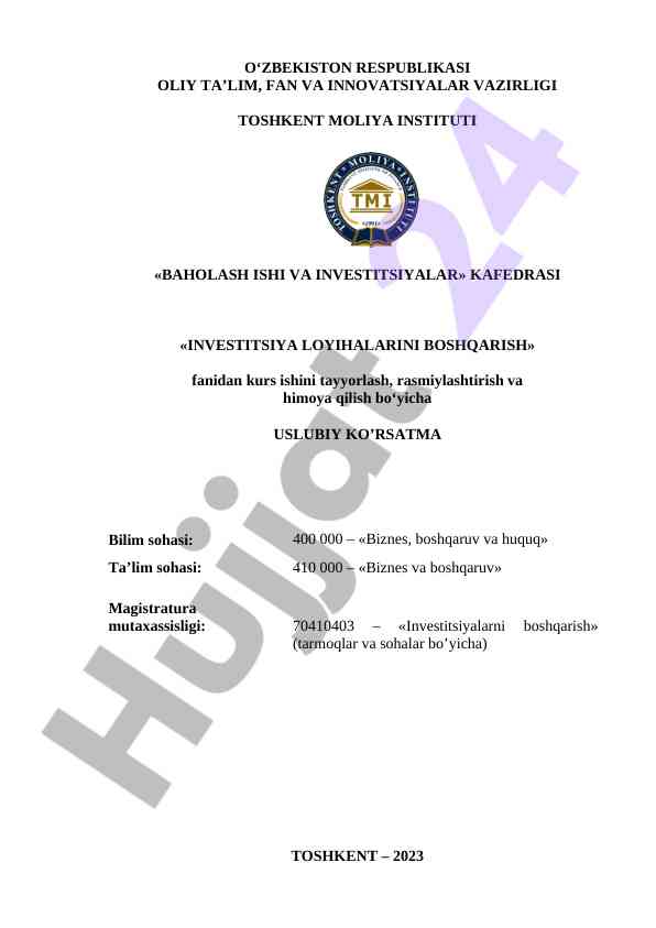 Investitsiya loyihalarini boshqarish kurs ishlari