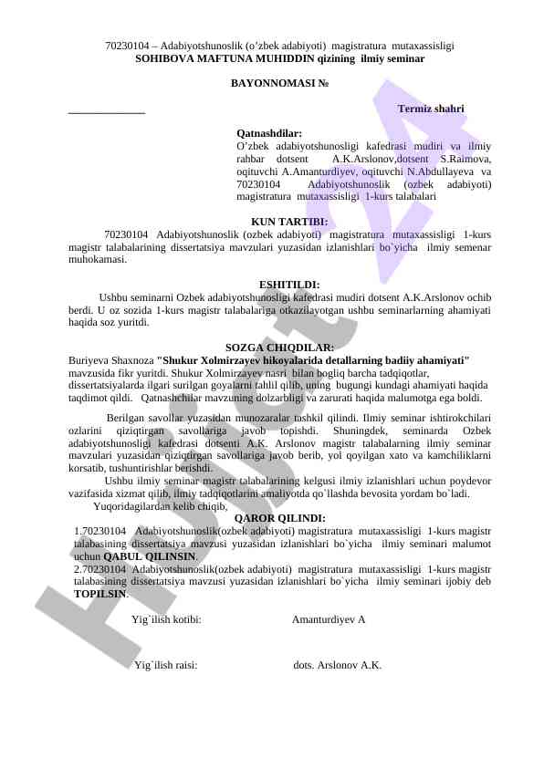 Adabiyotshunoslik Magistirlari Ilmiy Seminar Bayonnomasi