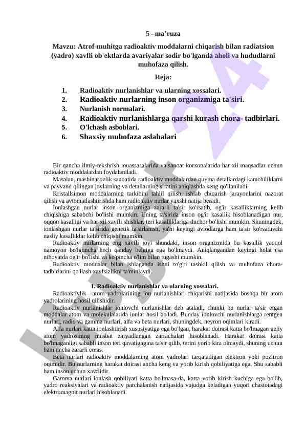 Atrof-muhitda radioaktiv moddalar va xavf