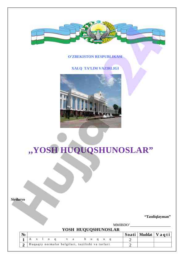 Axloq va huquq asoslari dars rejasi