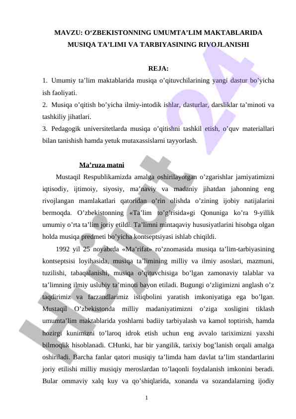 O‘zbekistonda musiqa ta’limi va tarbiyasining rivojlanishi