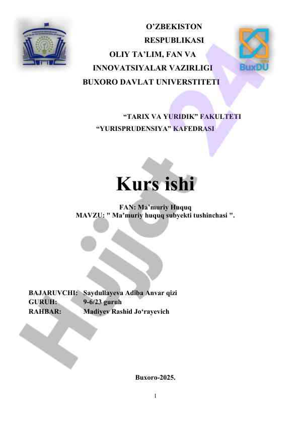 Ma'muriy huquq subyekti tushinchasi kurs ish