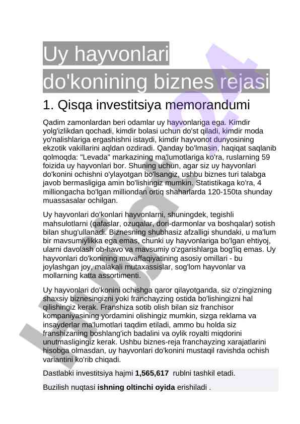 Uy hayvonlari do'konining biznes rejasi