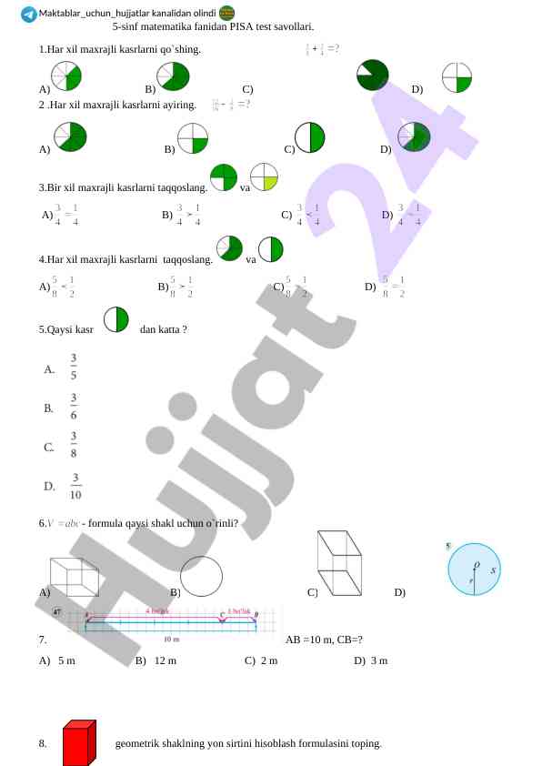 5-sinf matematikada pisa test savollari