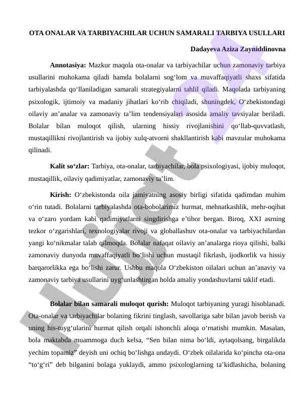 Ota Onalar Va Tarbiyachilar Uchun Tarbiya Usullari