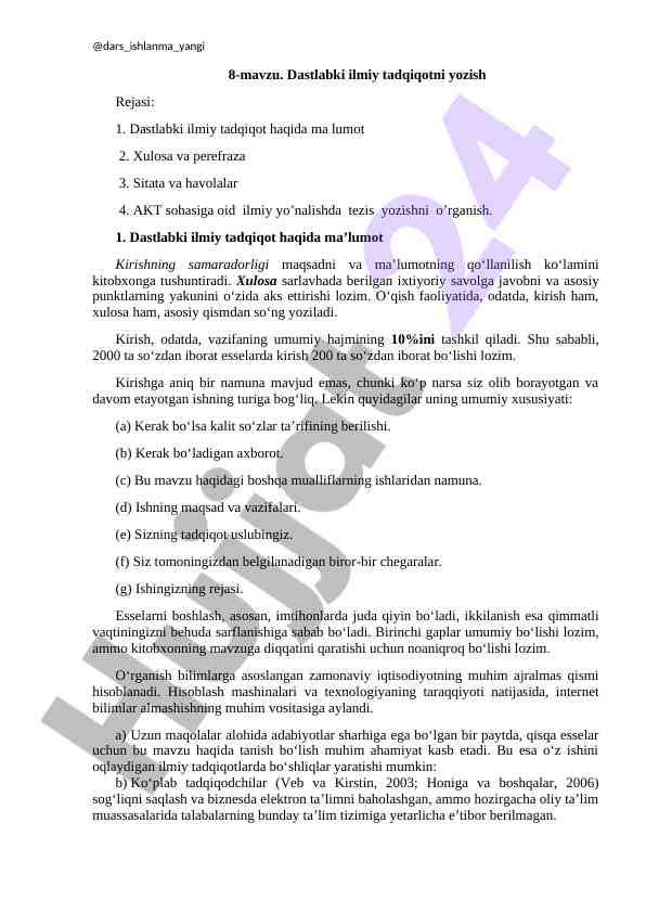 Dastlabki ilmiy tadqiqotni yozish rejasi