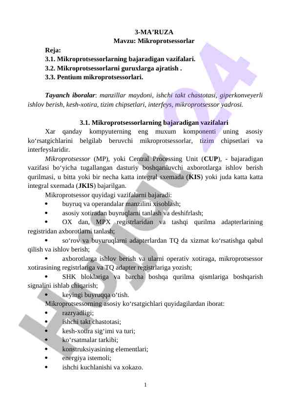MIKROPROTSESSORLAR MAVZUSI HAQIDA MA'RUZA