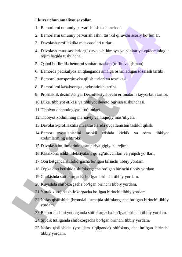 Amaliyot savollari bemorlarni parvarishlash bo‘yicha