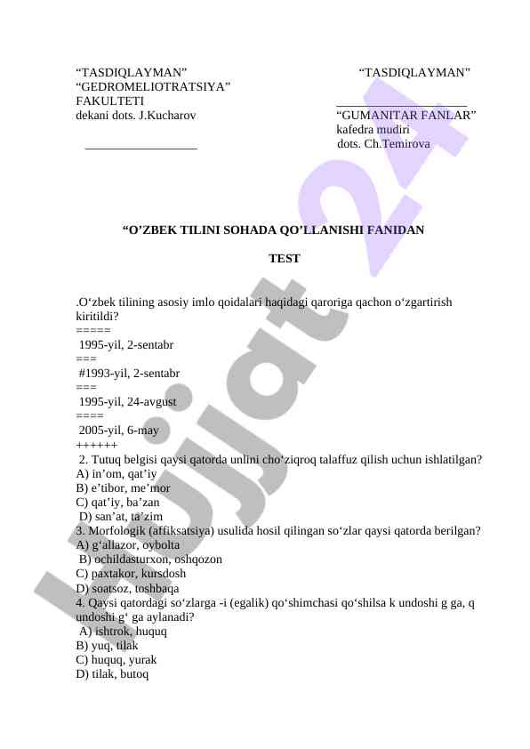 O‘zbek tilining imlo qoidalari hamda test savollari