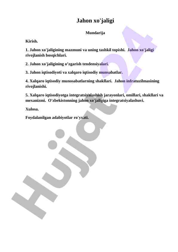 Jahon Xo'jaligi Rivojlanish Bosqichlari