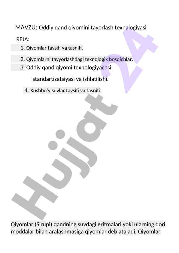Oddiy qand qiyomi tayyorlash texnologiyasi