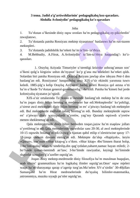 Jadid pedagogikalik koz-qaraslar haqida tahlil