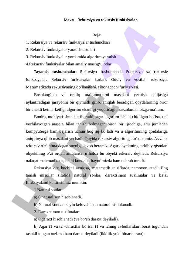 Rekursiya va rekursiv funktsiyalar tushunchasi