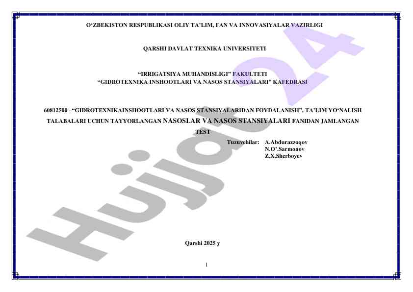 Gidrotexnika inshootlari fanidan testlar