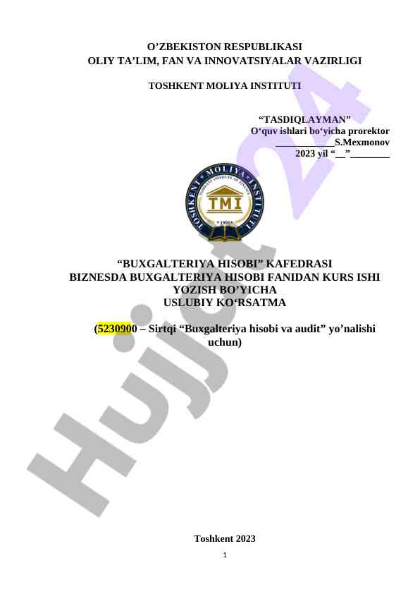 Buxgalteriya hisobi kurs ishiga uslubiy ko'rsatma