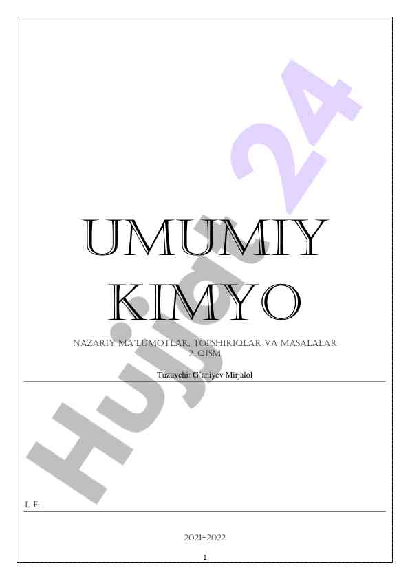Umumiy kimyo nazariy ma'lumotlar va topshiriqlar