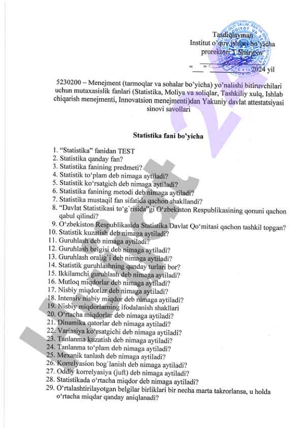Statistika fanidan davlat attestatsiyasi savollari