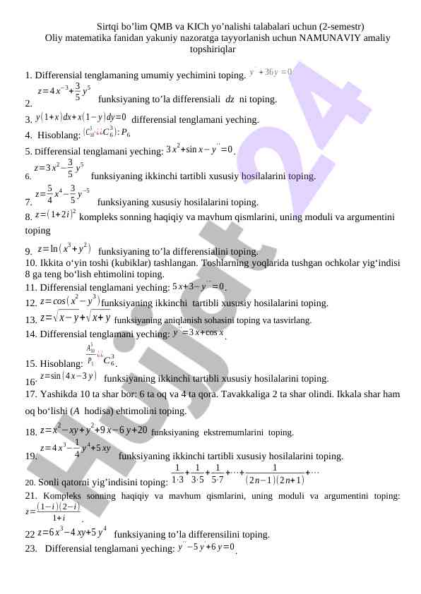 Oliy matematika yakuniy nazoratga tayyorlov topshiriqlari