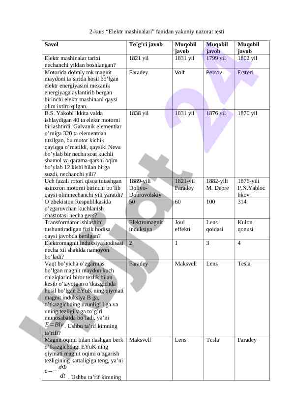 Elektr mashinalari fanidan yakuniy nazorat testi