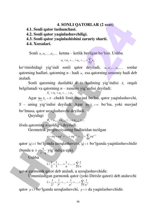 Sonli qatorlarni o‘rganish bo‘yicha laboratoriya ishlari