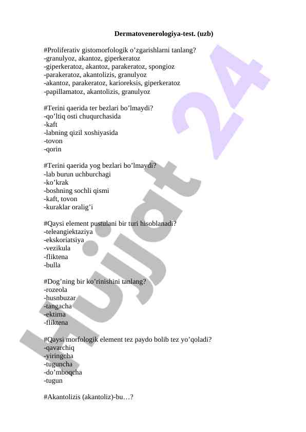 Dermatovenerologiya test savollari