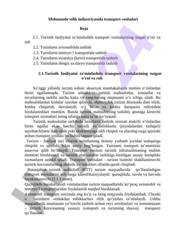 Transport vositalari va turizm faoliyati
