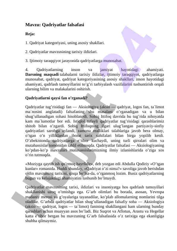 Qadriyatlar falsafasi dars ishlanmasi