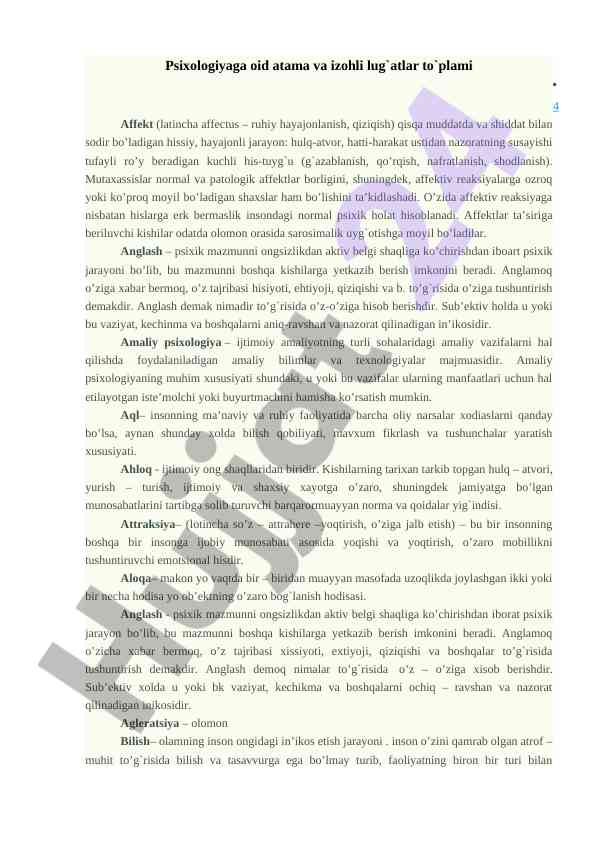 Psixologiyaga oid atama va izohli lug‘atlar to‘plami