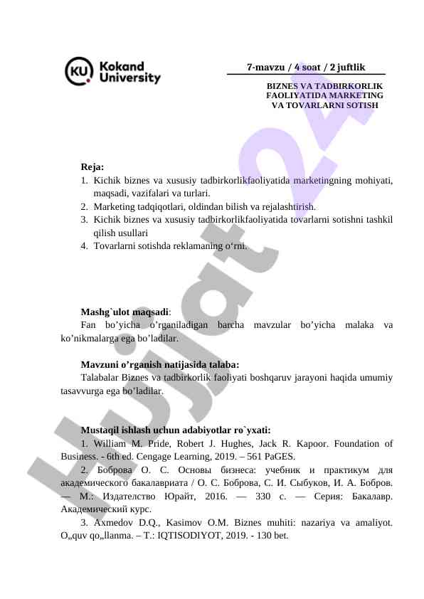 Marketing va tovarlarni sotish faoliyati