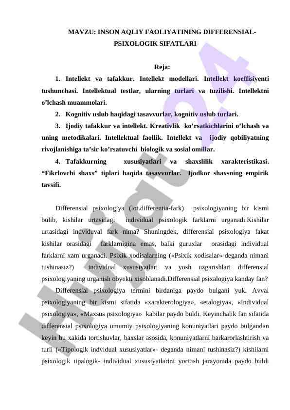 Intellekt va tafakkur differensial psixologiyasi