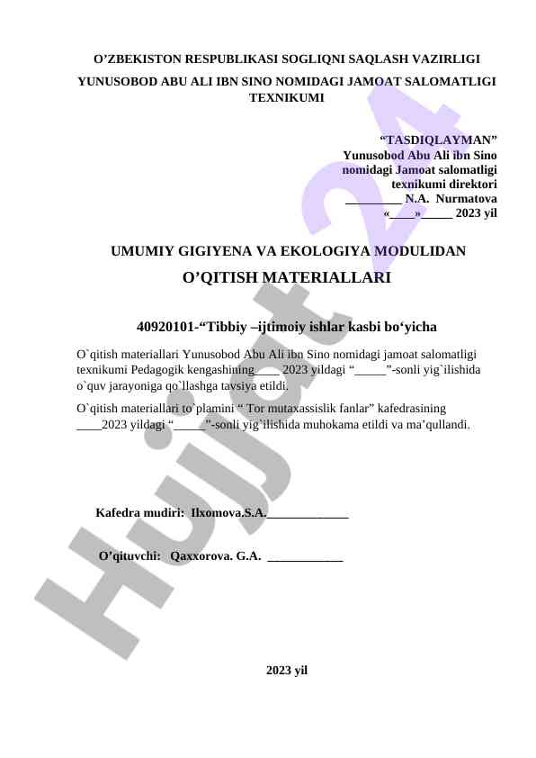 Umumiy gigiena va ekologiya o'qitish materiallari