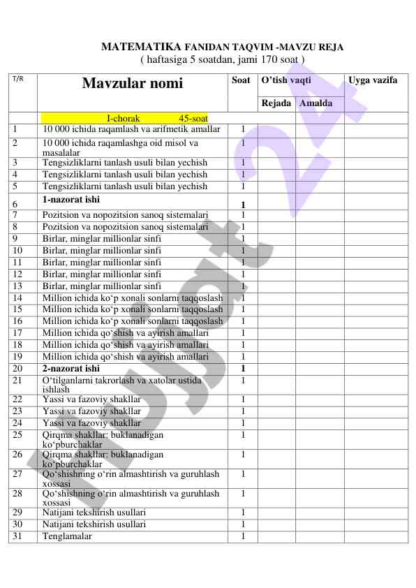 Matematika fanidan taqvim - mavzu reja