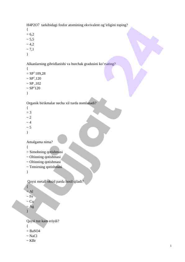 Kimyo fanidan test savollarini yechish