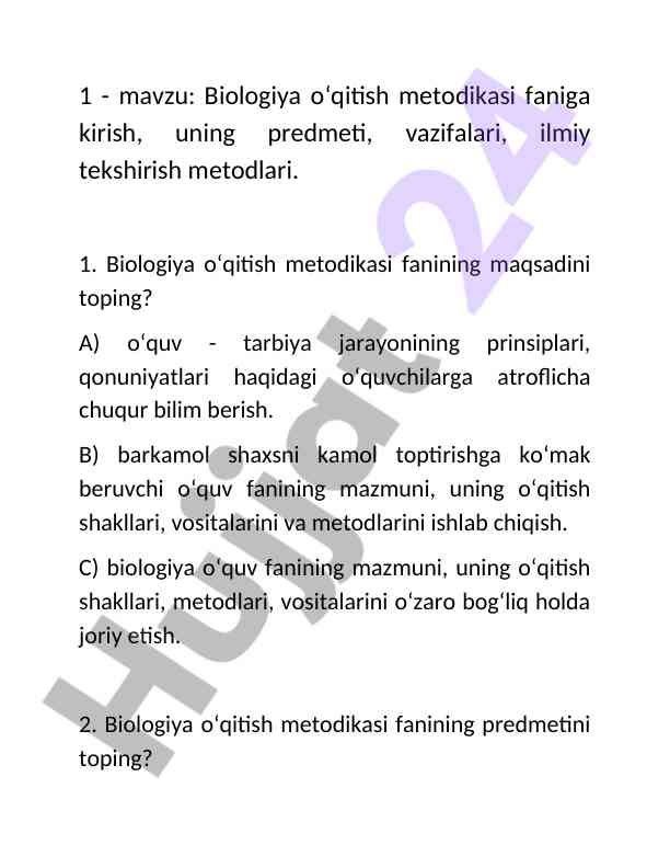 Biologiya oʻqitish metodikasi faniga kirish