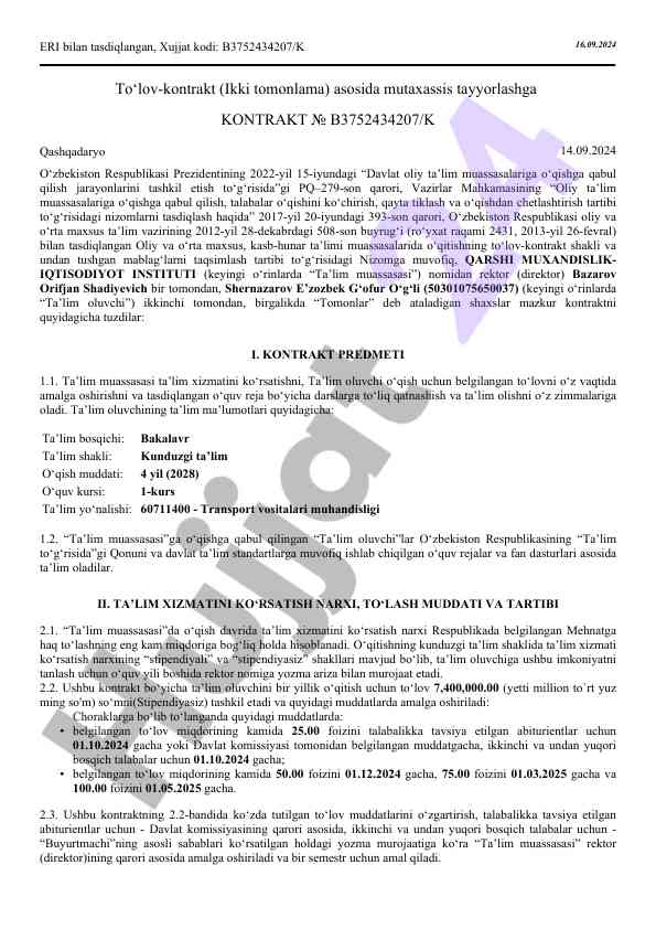 Kontrakt asosida mutaxassis tayyorlash hujjatlari