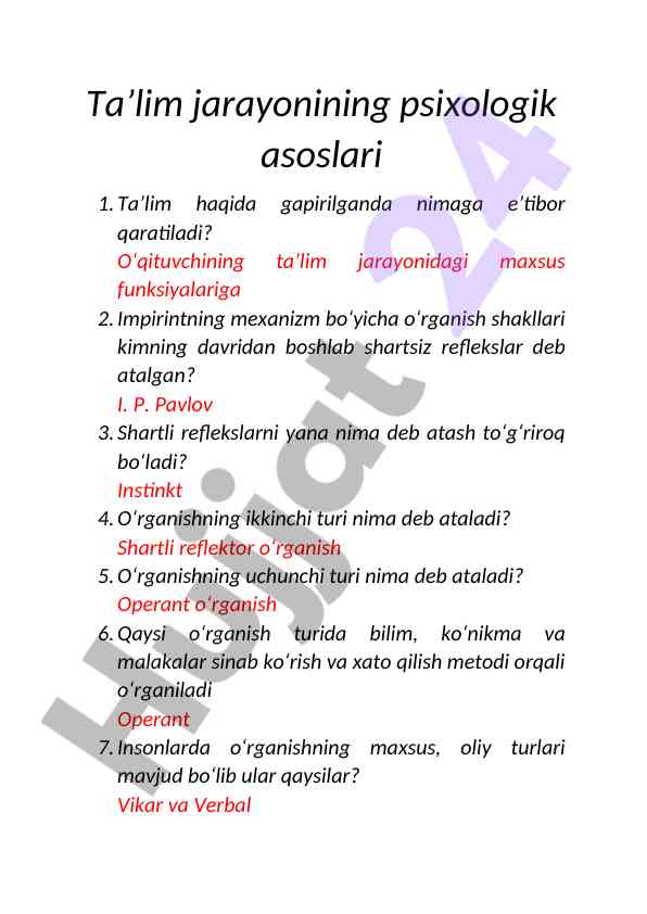 Ta’lim jarayonining psixologik asoslari
