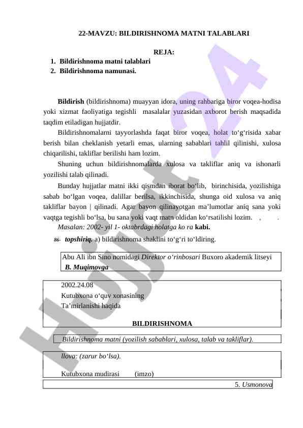 Bildirishnoma matni talablari va namunalar