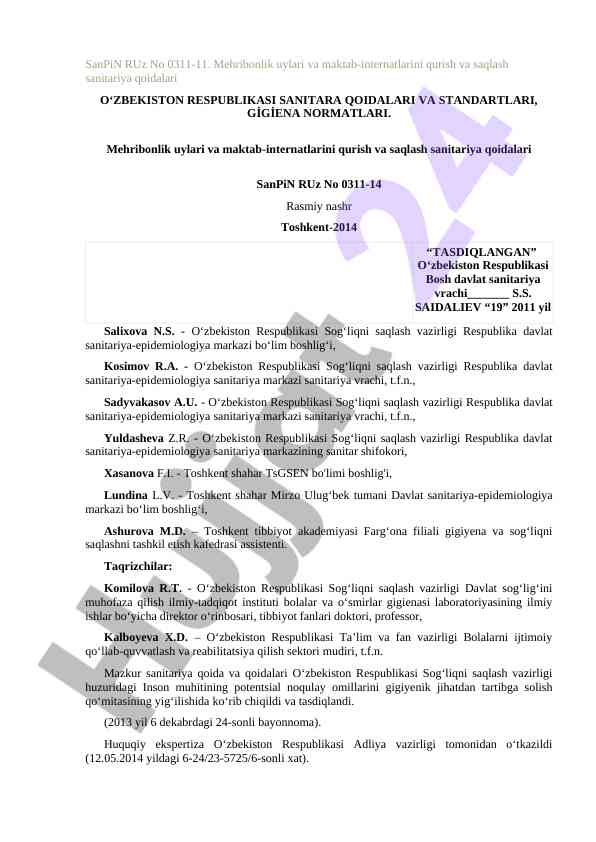 Sanpin ruz sanitariya qoidalari va standartlari