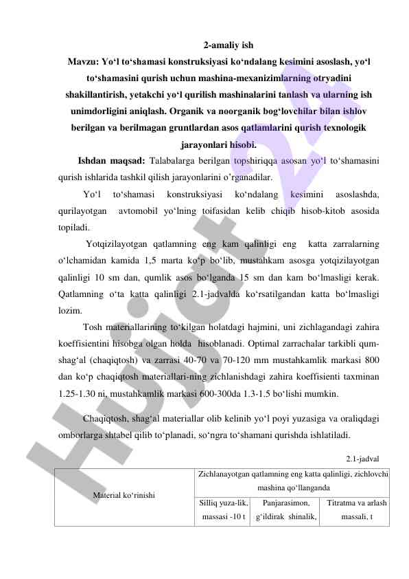 Yo‘l to‘shamasi konstruksiyasi va qurish texnologiyasi