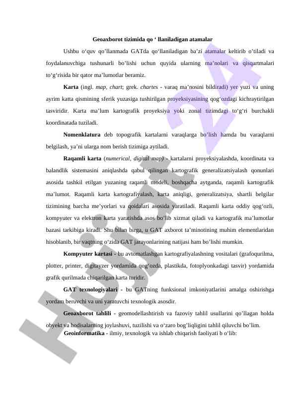 Geoaxborot tizimidagi asosiy atamalar tushuntirishi