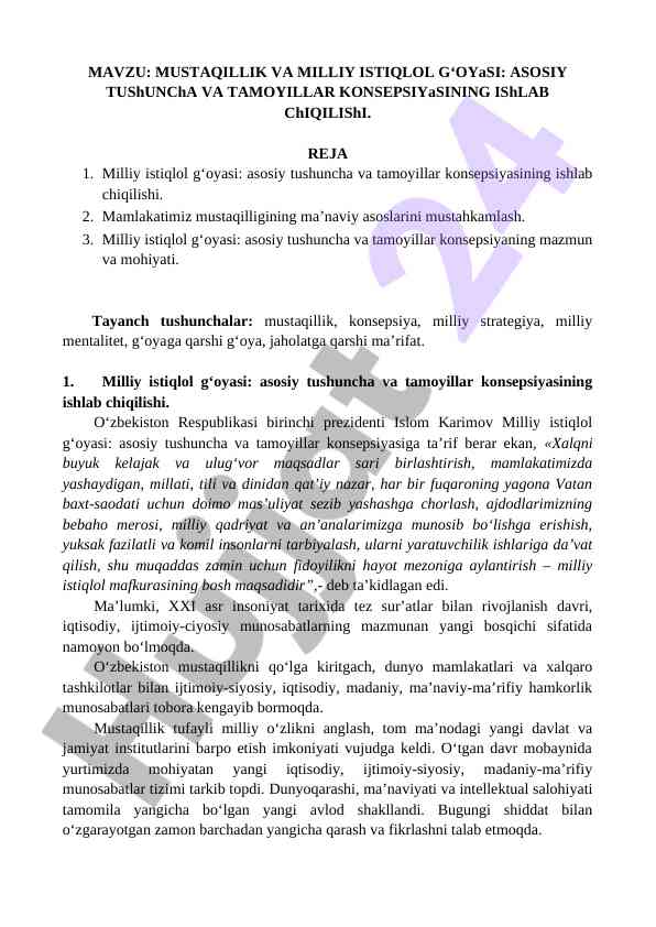Mustaqillik va milliy istiqlol g‘oyasi konsepsiyasi