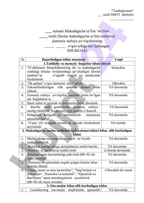 Jismoniy tarbiya yo‘riqchisi ish rejasi