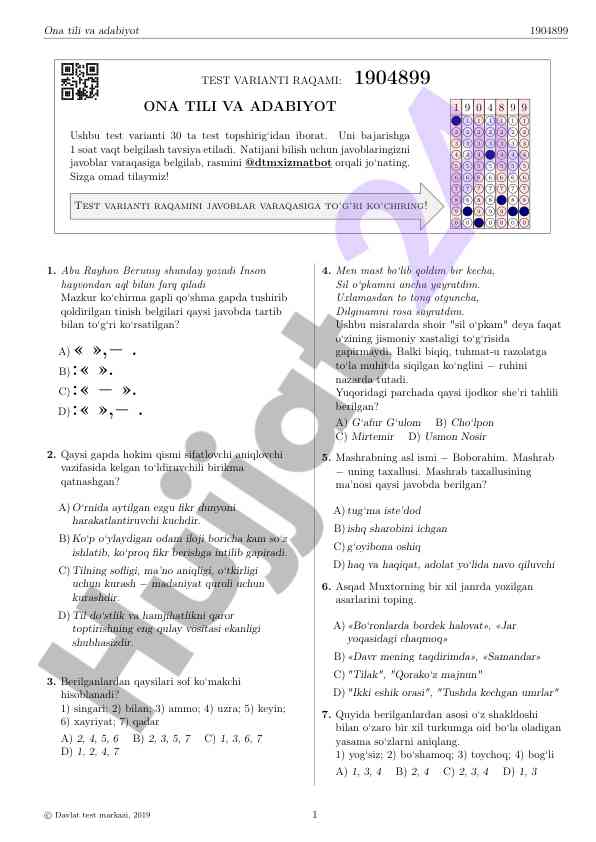 Ona tili va adabiyot test variantlari