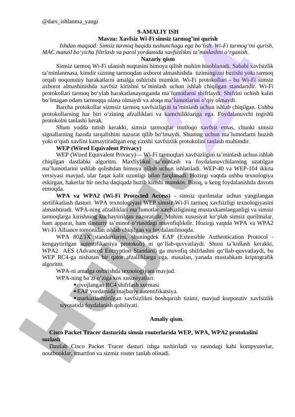 Xavfsiz wi-fi simsiz tarmog'ini qurish amaliy ish