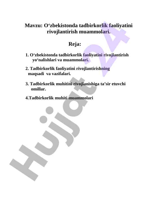 O‘zbekistonda tadbirkorlik faoliyatini rivojlantirish