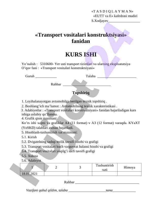 Transport vositalari konstruktsiyasi kurs ishining taqdimoti