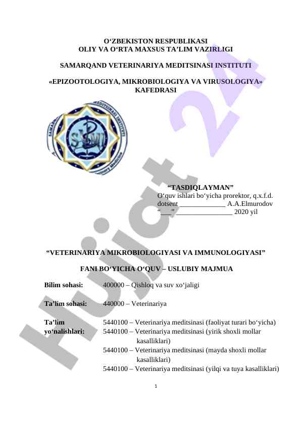 Veterinariya mikrobu va immunologiyasi o‘quv majmuasi